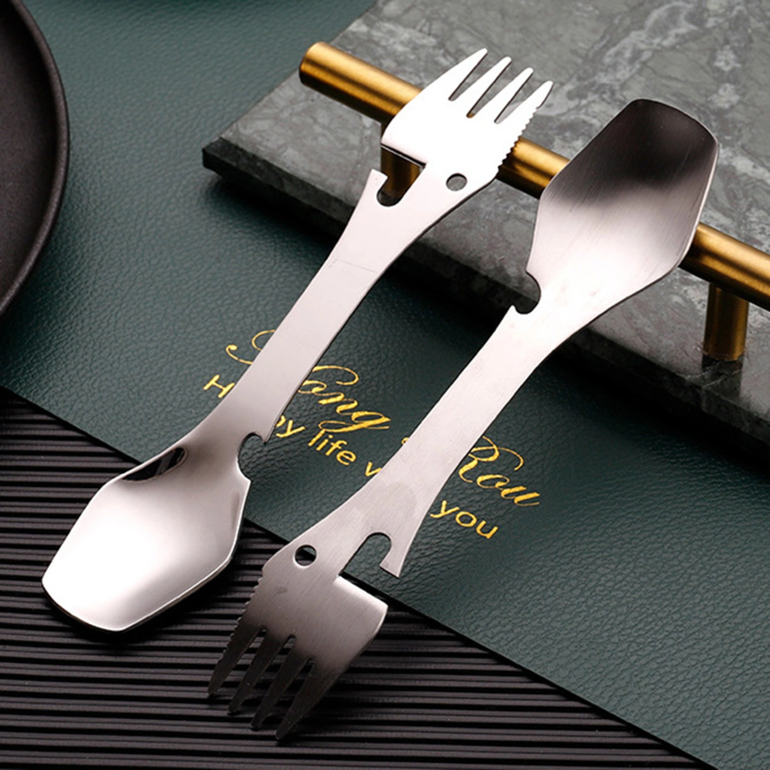 Stainless Steel Fork Mirror Surface 4-in-1 Food Grade Universal Fork Spoon Cutter Bottle Opener Camping Utensil Restaurant Supplies 
