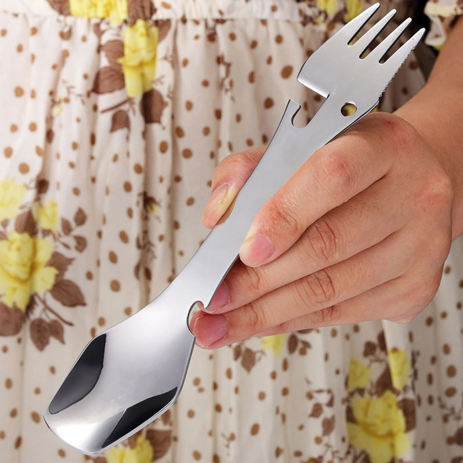 Stainless Steel Fork Mirror Surface 4-in-1 Food Grade Universal Fork Spoon Cutter Bottle Opener Camping Utensil Restaurant Supplies 