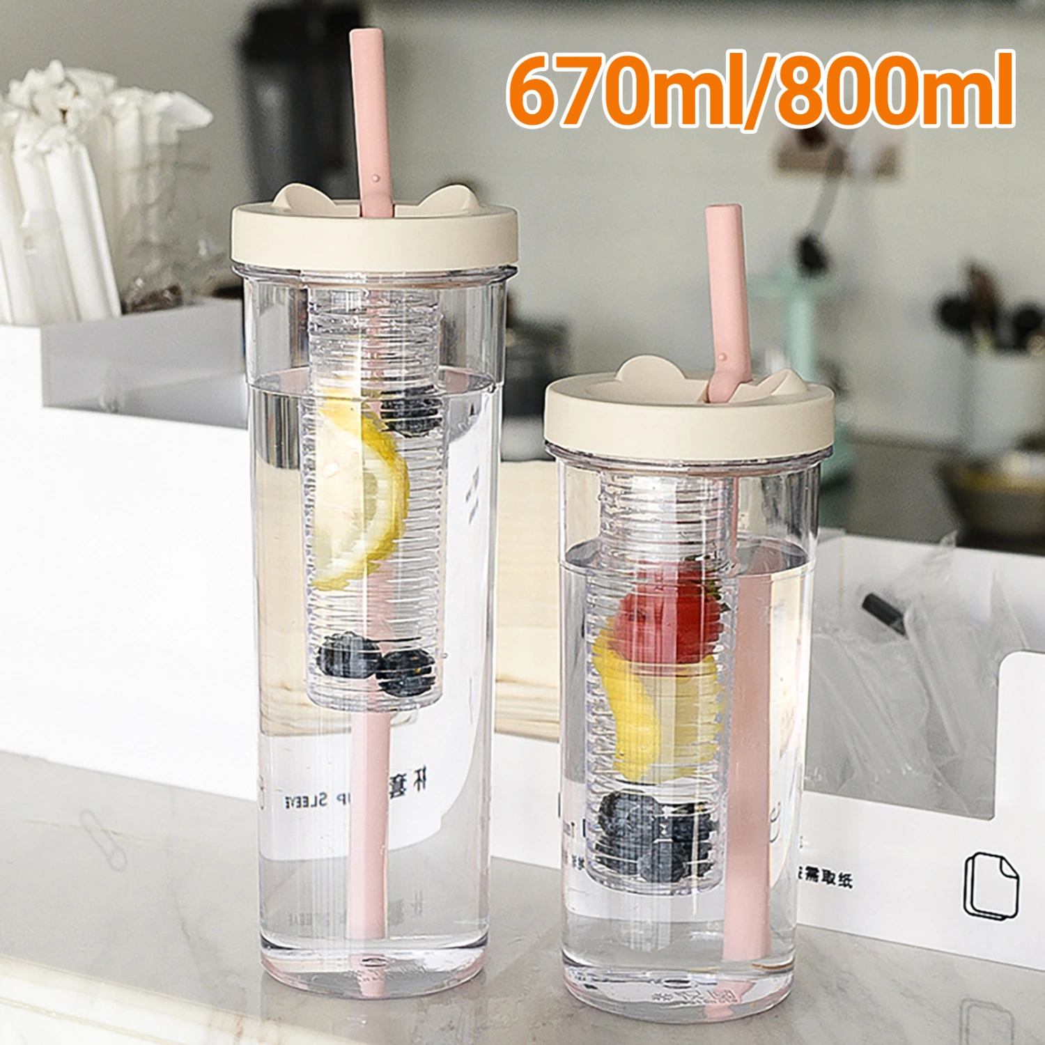 670/800ml Water Cup Large Capacity Fruits Filter Plastic Summer Portable Water Bottle with Straw for Home