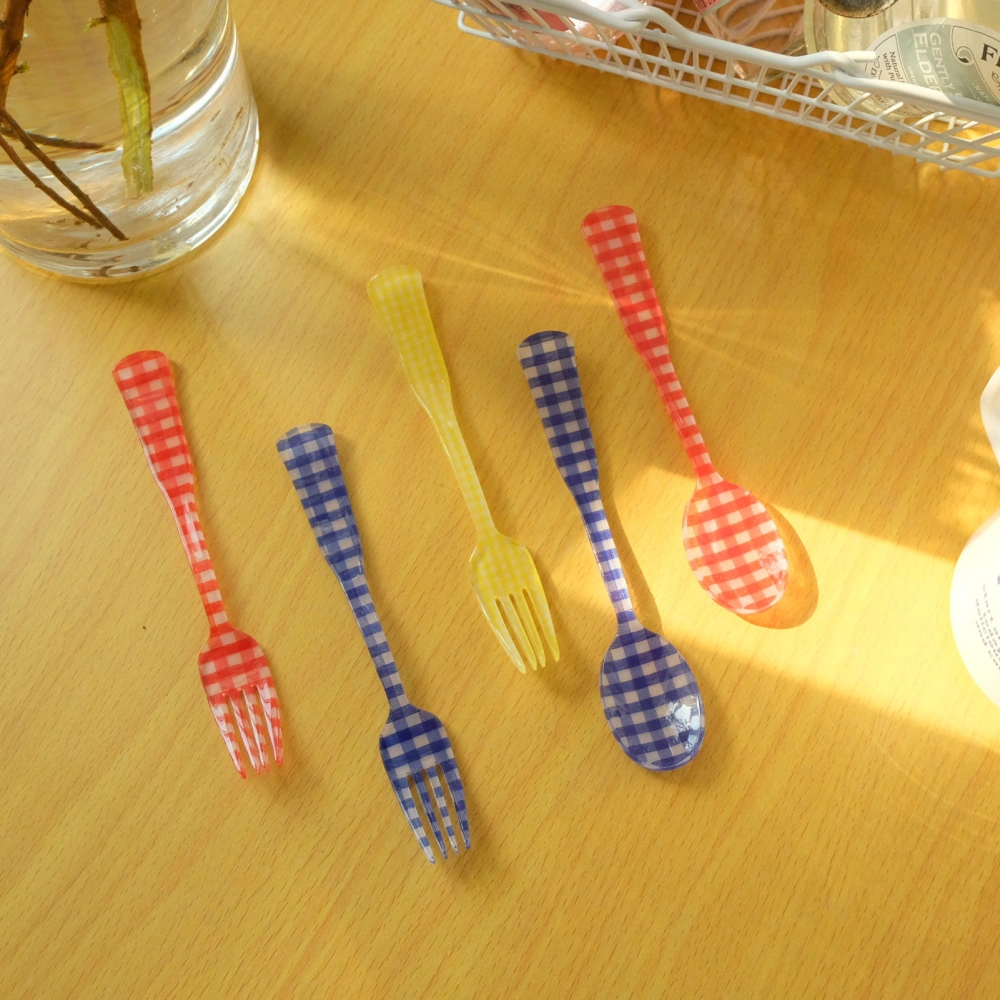 Dessert Fork Plaid Pattern High Durability Acrylic Dessert Spoon Fork Outdoor Picnic Photography Props Home Supplies 