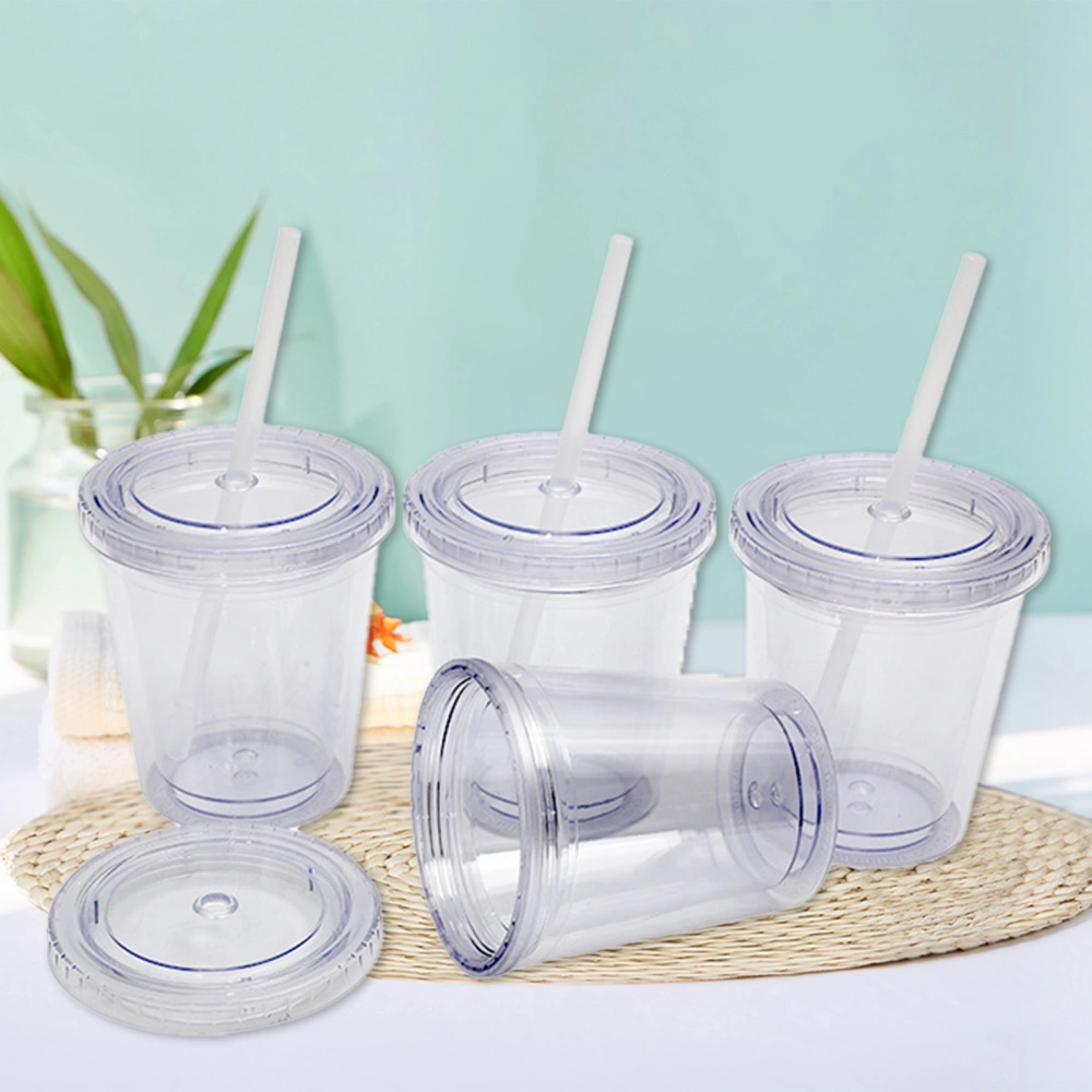 1 Set 12OZ/350ml Straw Cup Double-layer Reusable with Lid Travel Clear Ice Coffee Mug Office Supplies