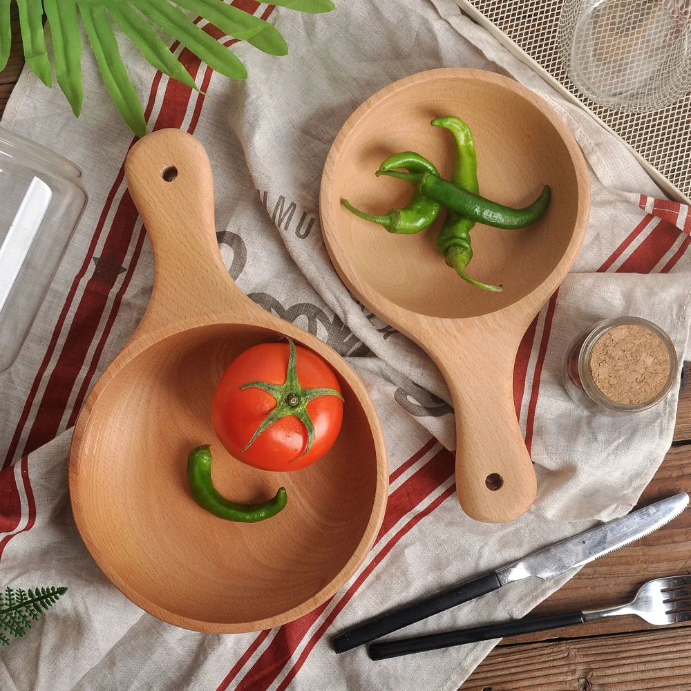 450/650ml Noodle Soup Pickle Bowl with Hanging Hole Round Portable Single Handle Wood Salad Bowl for Dining Room