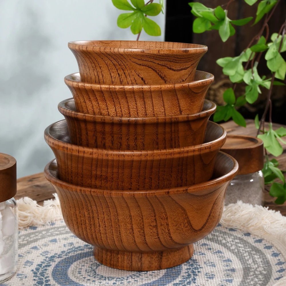 190/240/300/425/475ml Wooden Bowl Reusable Reverse Edge Round Thickened Anti-scalding High-footed Mongolia Style Rice Bowl Kitchen Utensil