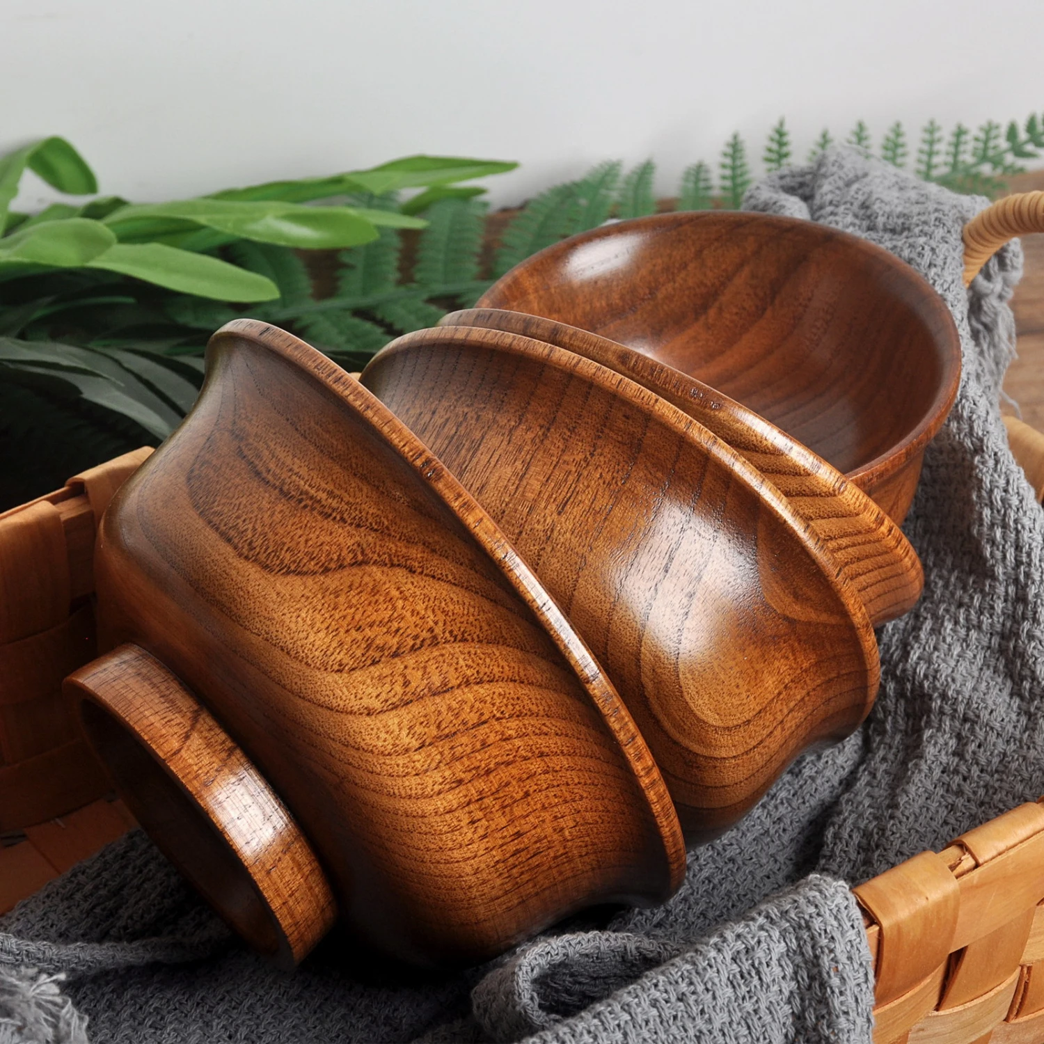 190/240/300/425/475ml Wooden Bowl Reusable Reverse Edge Round Thickened Anti-scalding High-footed Mongolia Style Rice Bowl Kitchen Utensil
