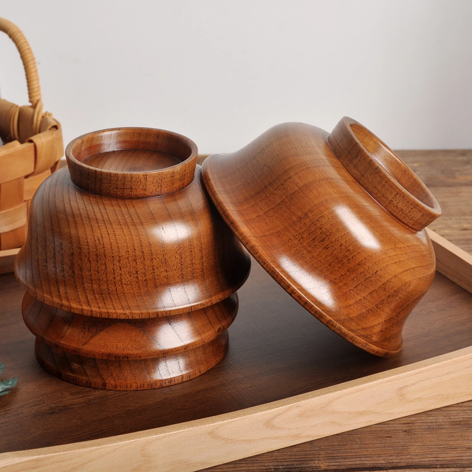 190/240/300/425/475ml Wooden Bowl Reusable Reverse Edge Round Thickened Anti-scalding High-footed Mongolia Style Rice Bowl Kitchen Utensil