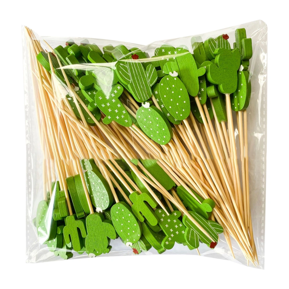 100 Pcs Food Picks Disposable Bamboo No Harm Cactus Shape Salad Sticks for Banquet 