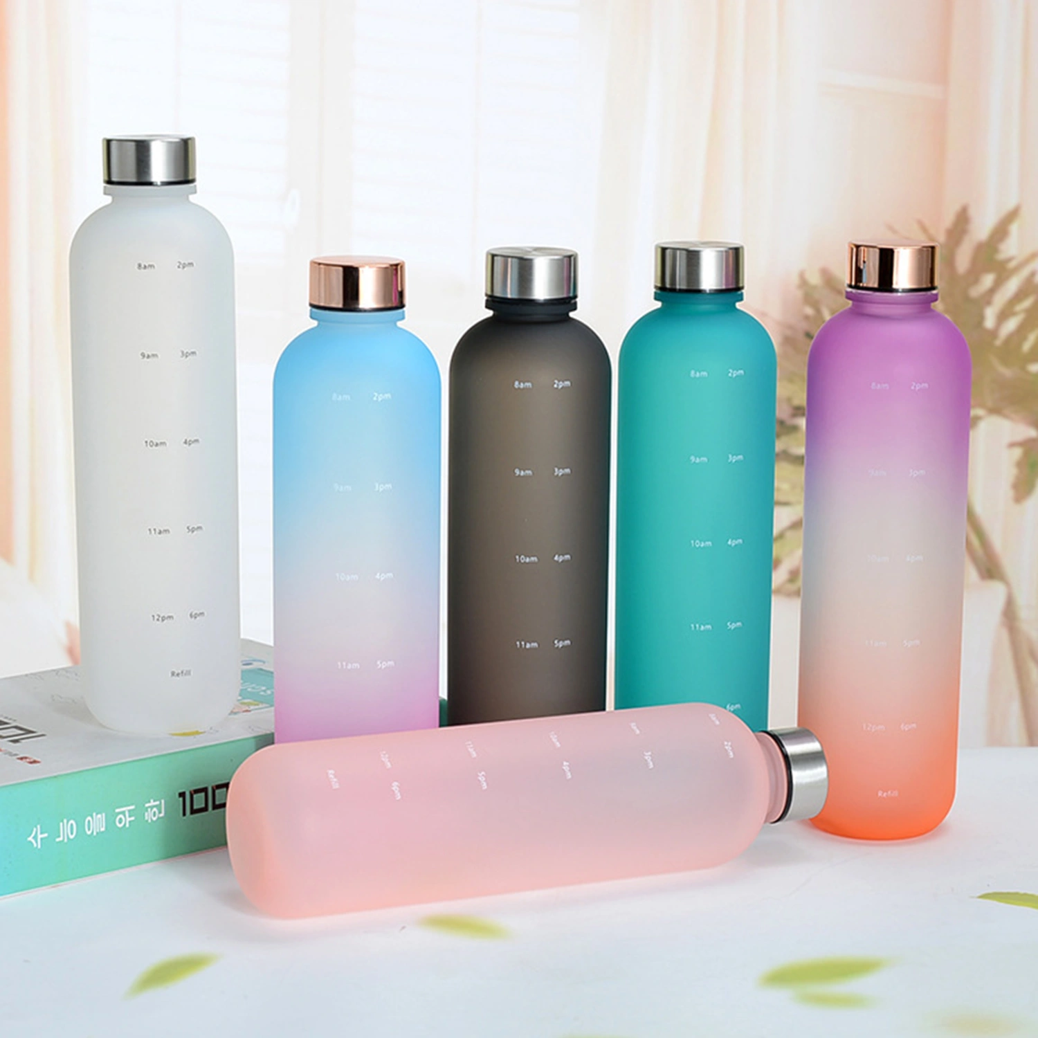 1000ml Water Bottle Gradient Frosted Large Capacity Food Grade Leakproof Drinking with Motivational Time Marker Fitness Sports Outdoor Water Jug for Travel