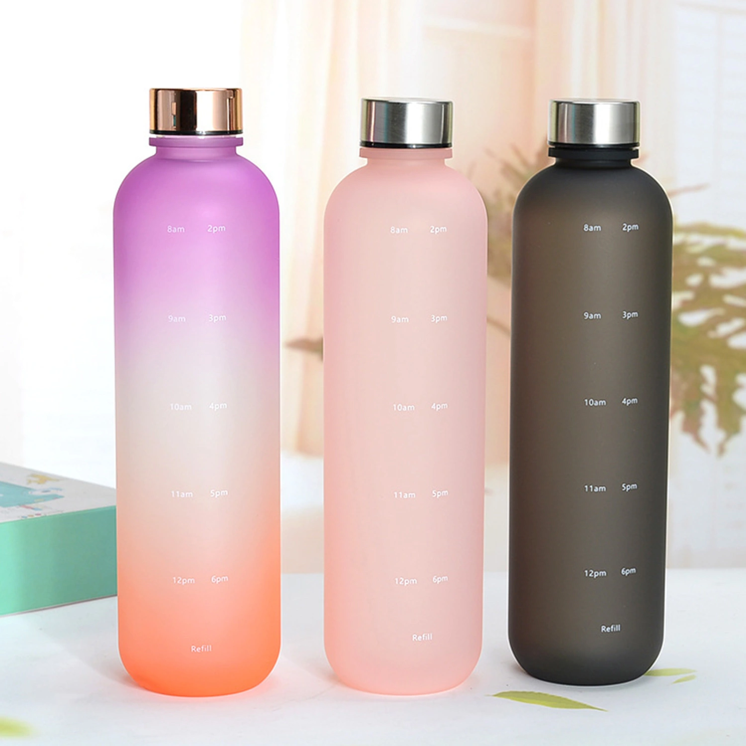 1000ml Water Bottle Gradient Frosted Large Capacity Food Grade Leakproof Drinking with Motivational Time Marker Fitness Sports Outdoor Water Jug for Travel