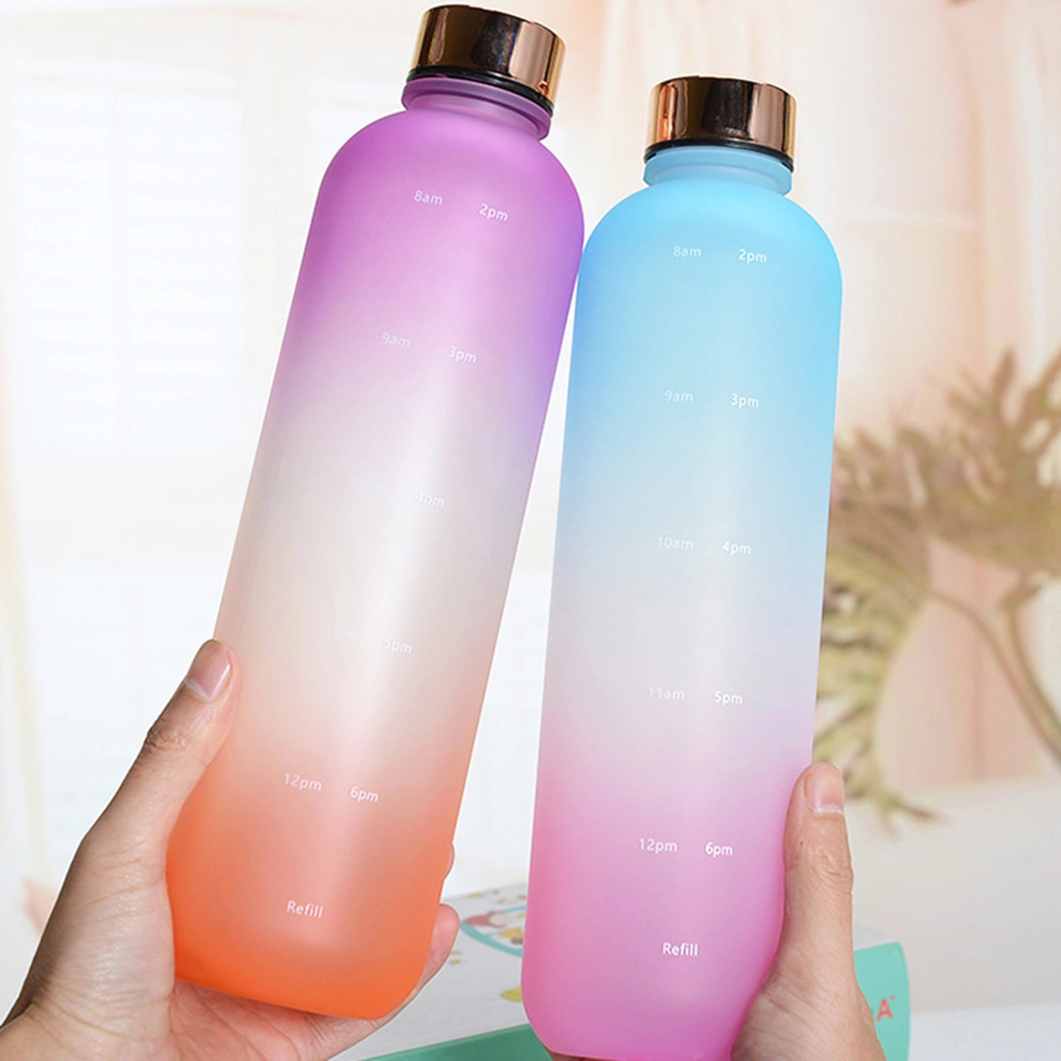 1000ml Water Bottle Gradient Frosted Large Capacity Food Grade Leakproof Drinking with Motivational Time Marker Fitness Sports Outdoor Water Jug for Travel