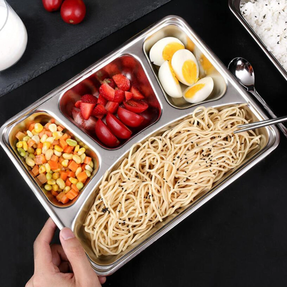 Dinner Plate Reusable Dishwasher Safe Large Capacity Dinnerware Stainless Steel 2/3/4/5/6 Grids Round Rectangle Serving Tray for School