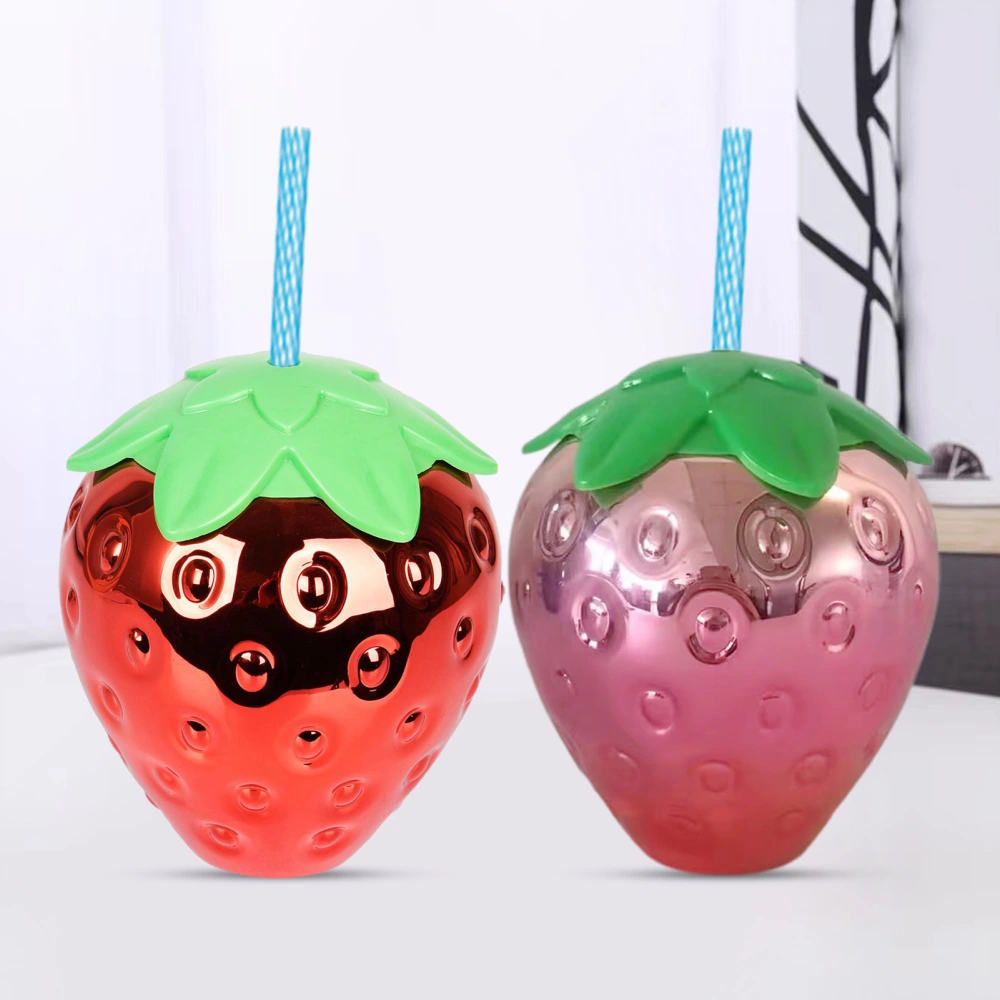 600ml Straw Cup Large Capacity Fruit Model Leakproof Metallic Color with Lid Drinkware Food Grade Strawberry Shape Summer Water Bottle Travel Use