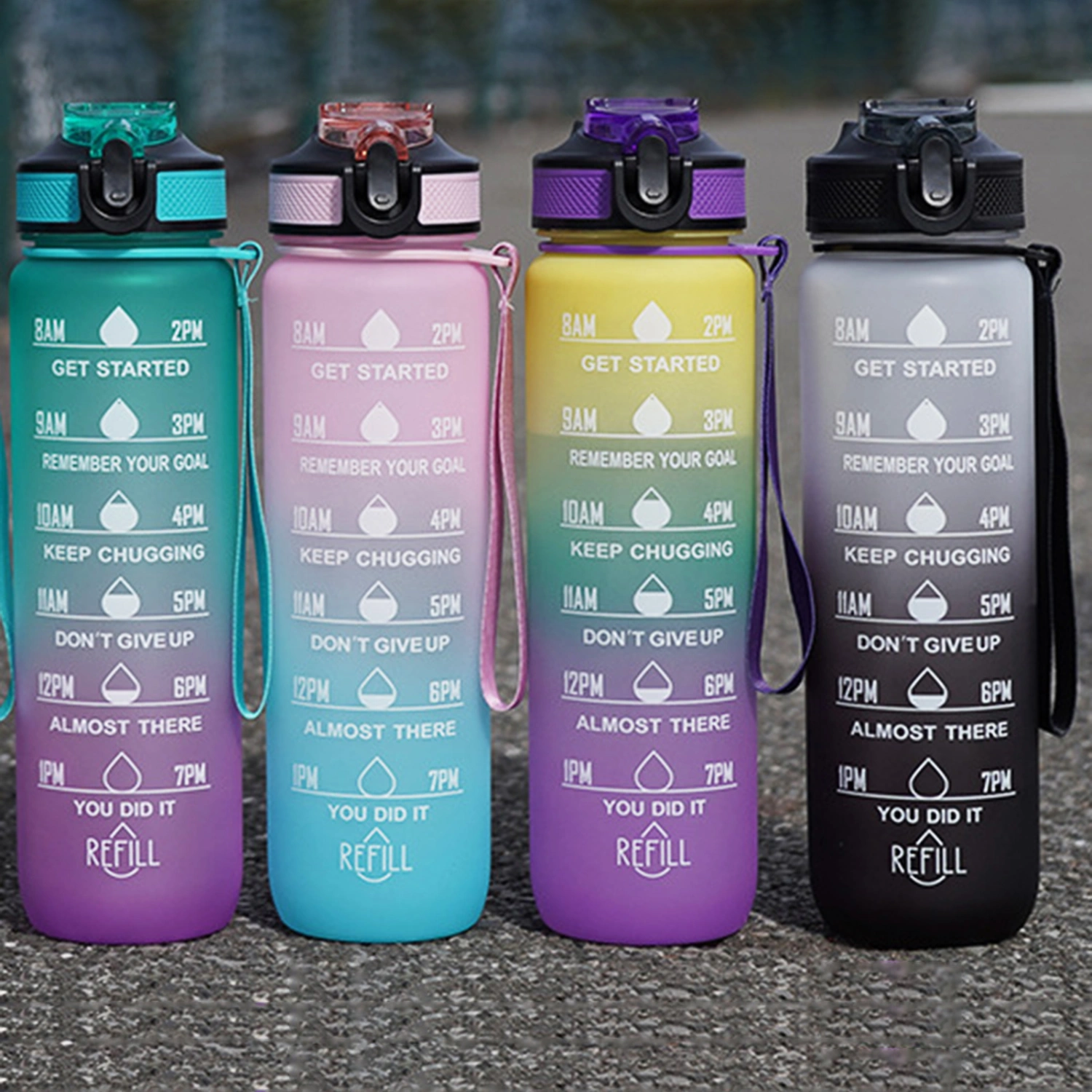 1000ml Water Bottle Leak-proof Gradient Design Food Grade Large Capacity Time Marker Drinkware Plastic Flip Top Lid Water Jug for Sports