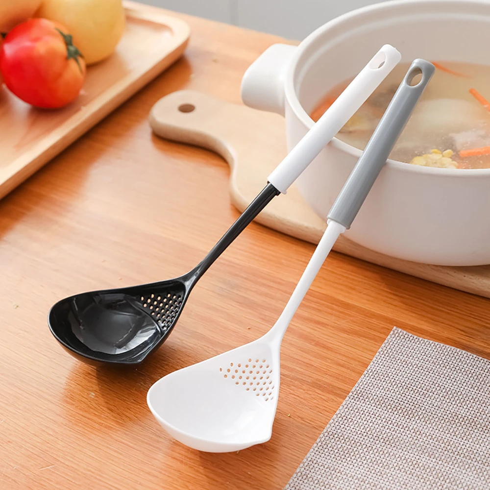 Cooking Spoon Temperature Resistance Drainage Nozzle with Leakage-Holes Long Handle Hangable Spoon Strainer for Canteen