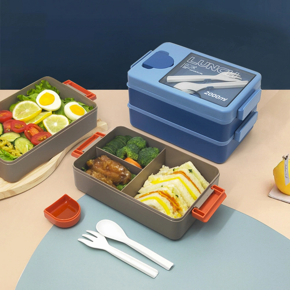 2000ML Lunch Box with Fork Spoon Sauce Box Cutlery Holder Double Layer Food Grade School Students Bento Food Container Kitchen Supplies