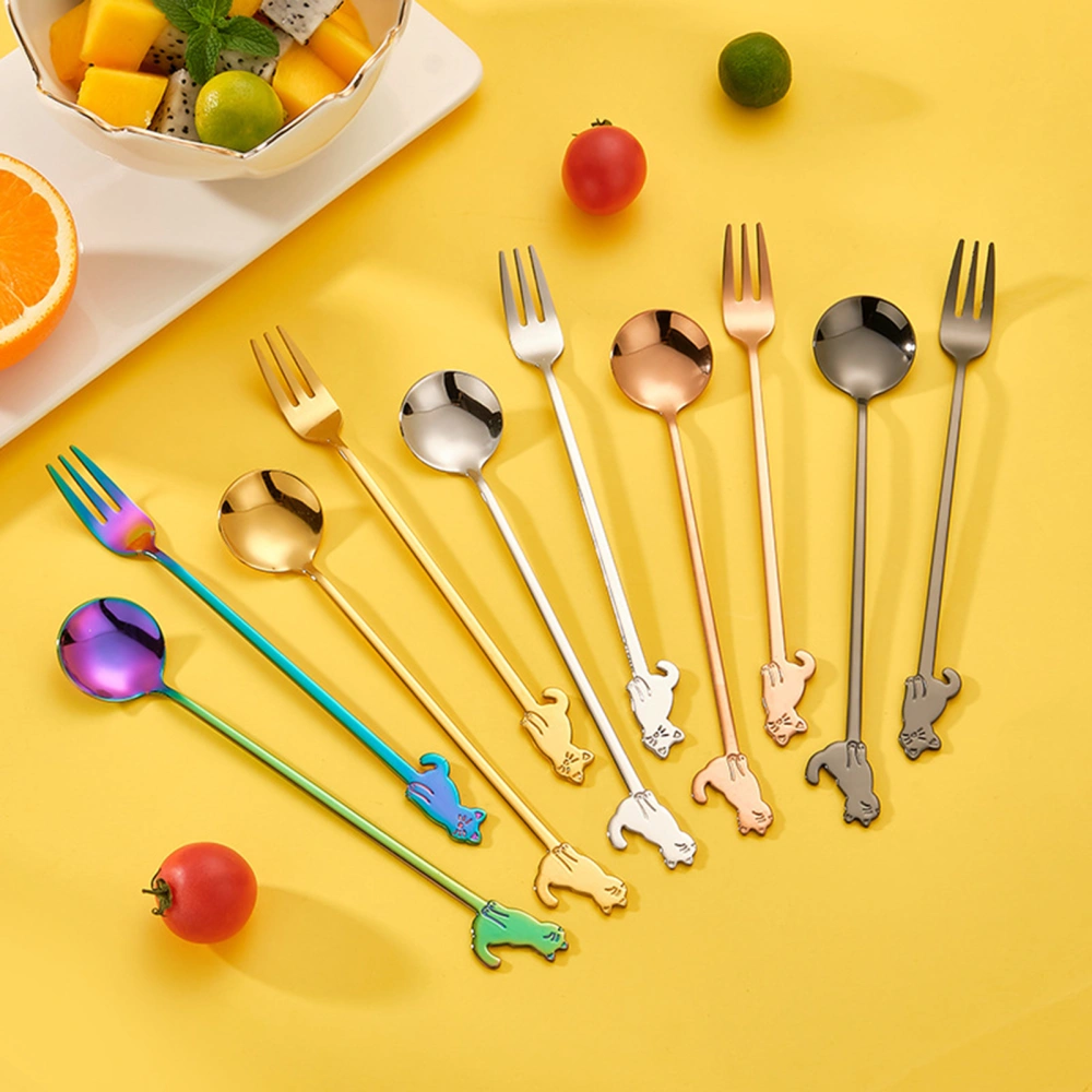 Coffee Spoon Cat Pattern Long Handle Comfortable Grip Mirror Polishing Multi-use Tableware Food Grade Stainless Steel Dessert Spoon Fork Stirring Tool Kitchen Supplies