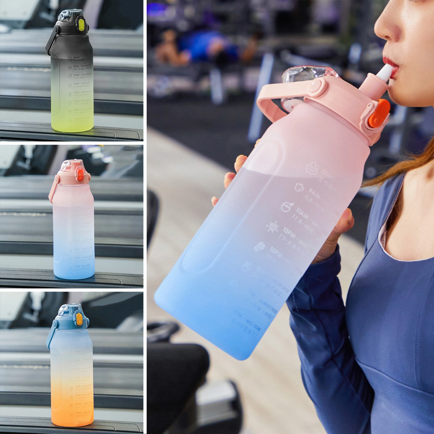 1500/2000ML Sports Water Bottle Large Capacity Straw Gradient Color Frosted Leakproof Handle Fitness Water Cup Outdoor Supplies
