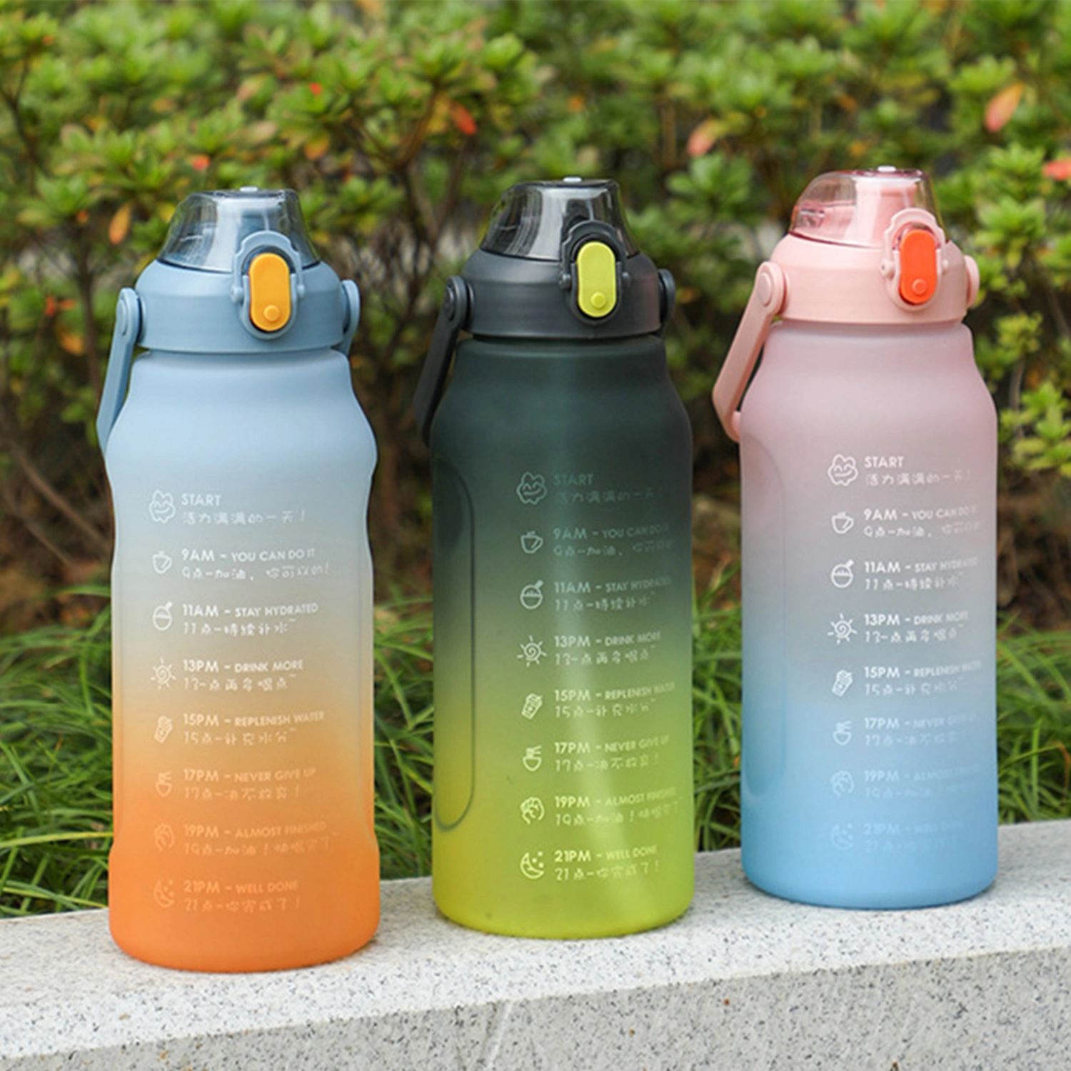 1500/2000ML Sports Water Bottle Large Capacity Straw Gradient Color Frosted Leakproof Handle Fitness Water Cup Outdoor Supplies