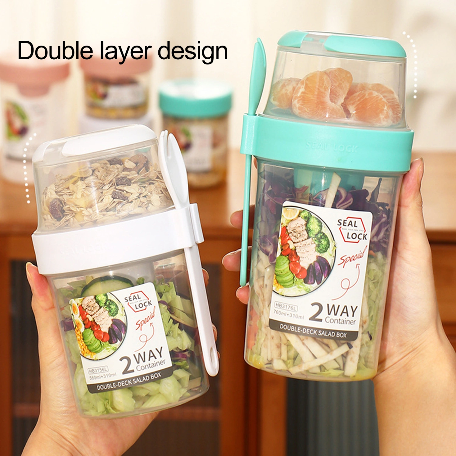 1 Set 560/760ml Snack Box Double Layer Design Breakfast Oatmeal Cereal Nut Yogurt Salad Cup for School