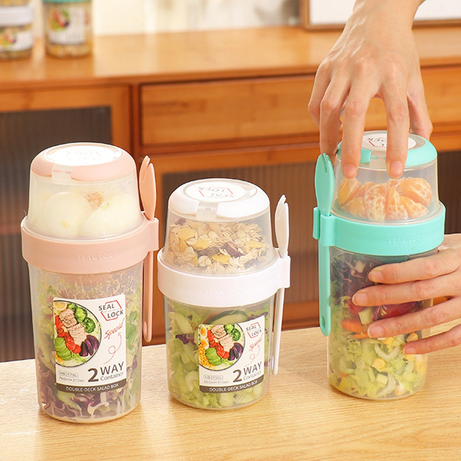 1 Set 560/760ml Snack Box Double Layer Design Breakfast Oatmeal Cereal Nut Yogurt Salad Cup for School