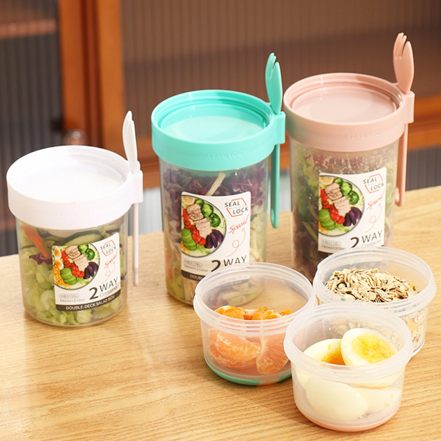1 Set 560/760ml Snack Box Double Layer Design Breakfast Oatmeal Cereal Nut Yogurt Salad Cup for School