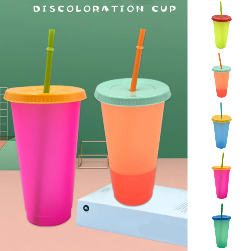 600-700ml Straw Cup Thermal Discoloration with Cover High Capacity Frosted Heat And Cold Discoloration Cup Daily Use