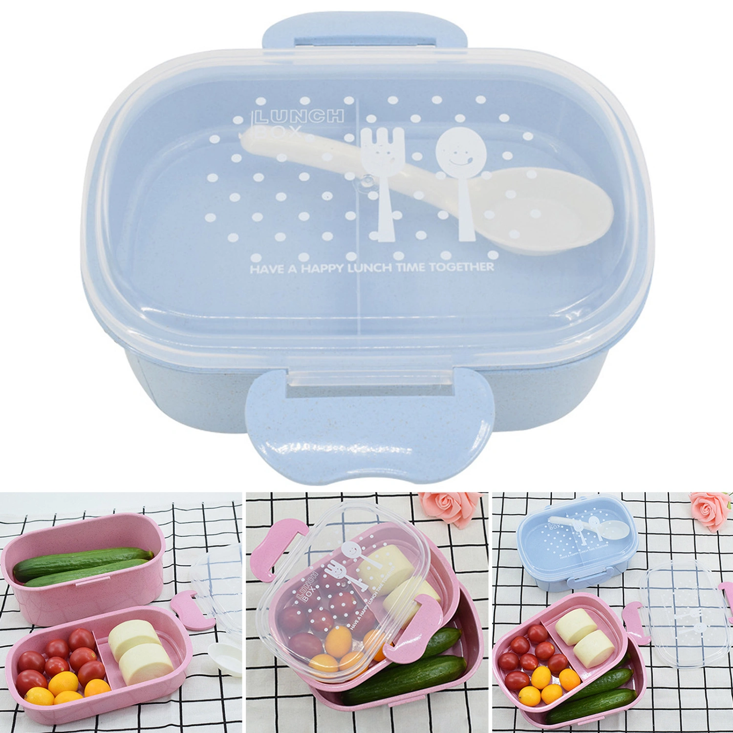 800ml Microwave Bento Box with Spoon Transparent Lid Portable Large Capacity BPA Free Dinnerware Food-Grade Children Adults Compartment Lunch Bento Box for Office