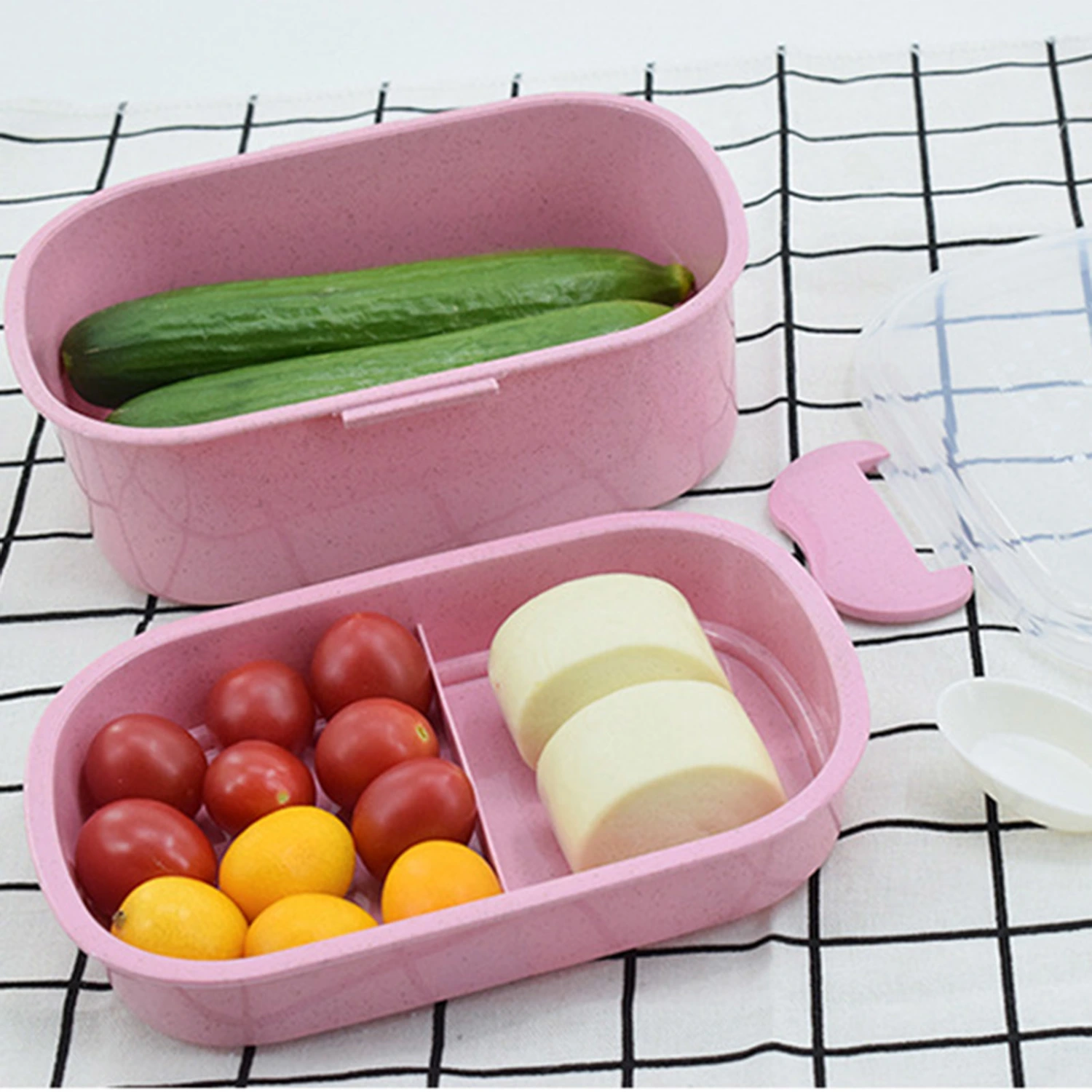 800ml Microwave Bento Box with Spoon Transparent Lid Portable Large Capacity BPA Free Dinnerware Food-Grade Children Adults Compartment Lunch Bento Box for Office