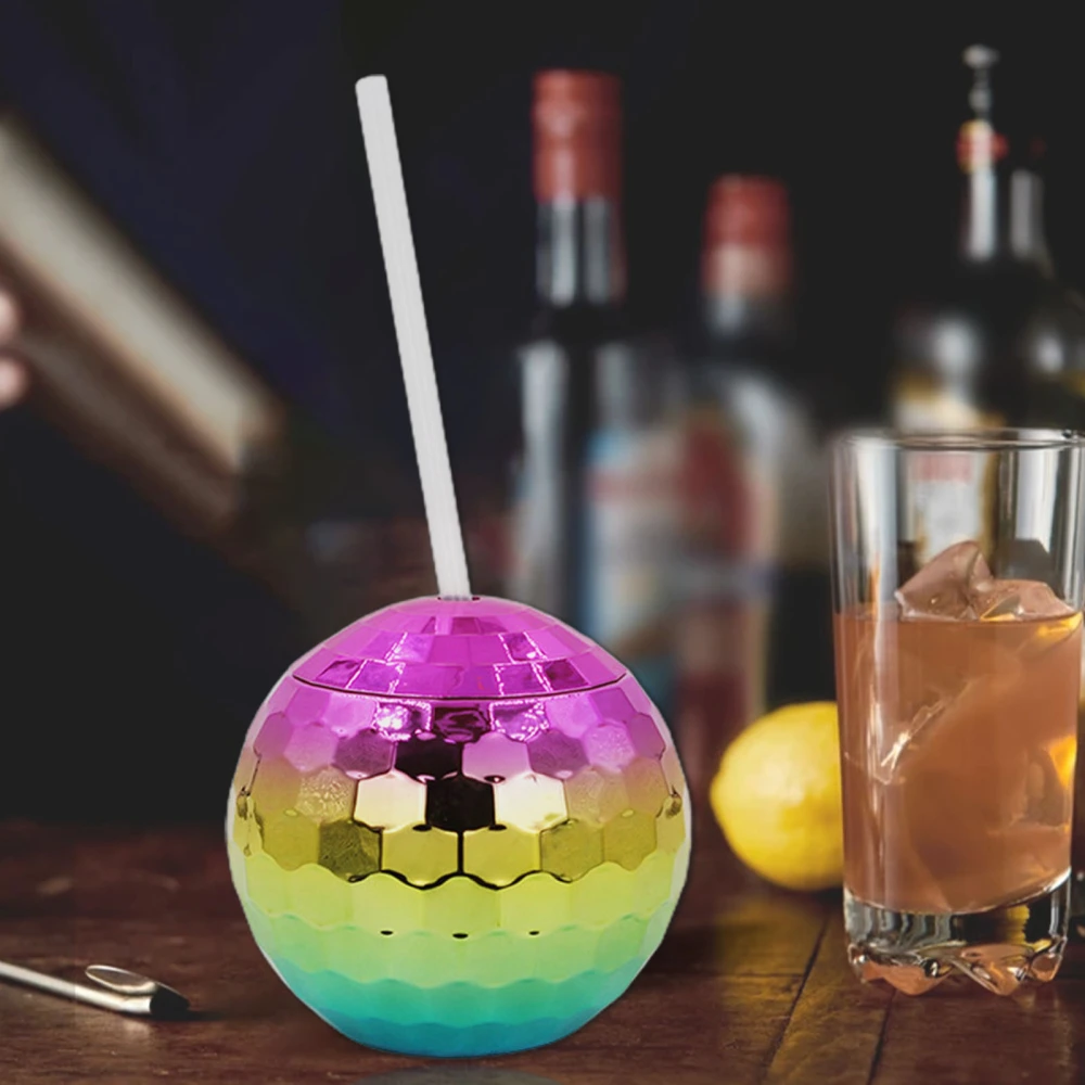 1 Set 600ML Spherical Straw Cup Glitter Flash Plating Disco Ball Light All-Purpose Tumbler Cup Wine for KTV