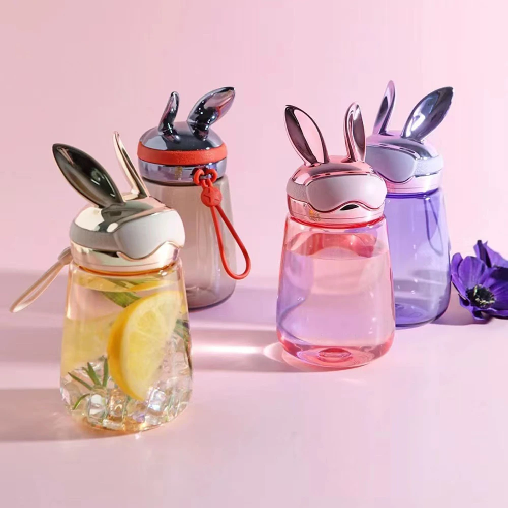 400ml Kids Bottle Large Capacity Transparent Body with Lanyard Food Grade Cute Shape Leak-proof BPA Free Children Rabbit Ear Lid Sport Water Cup for Home