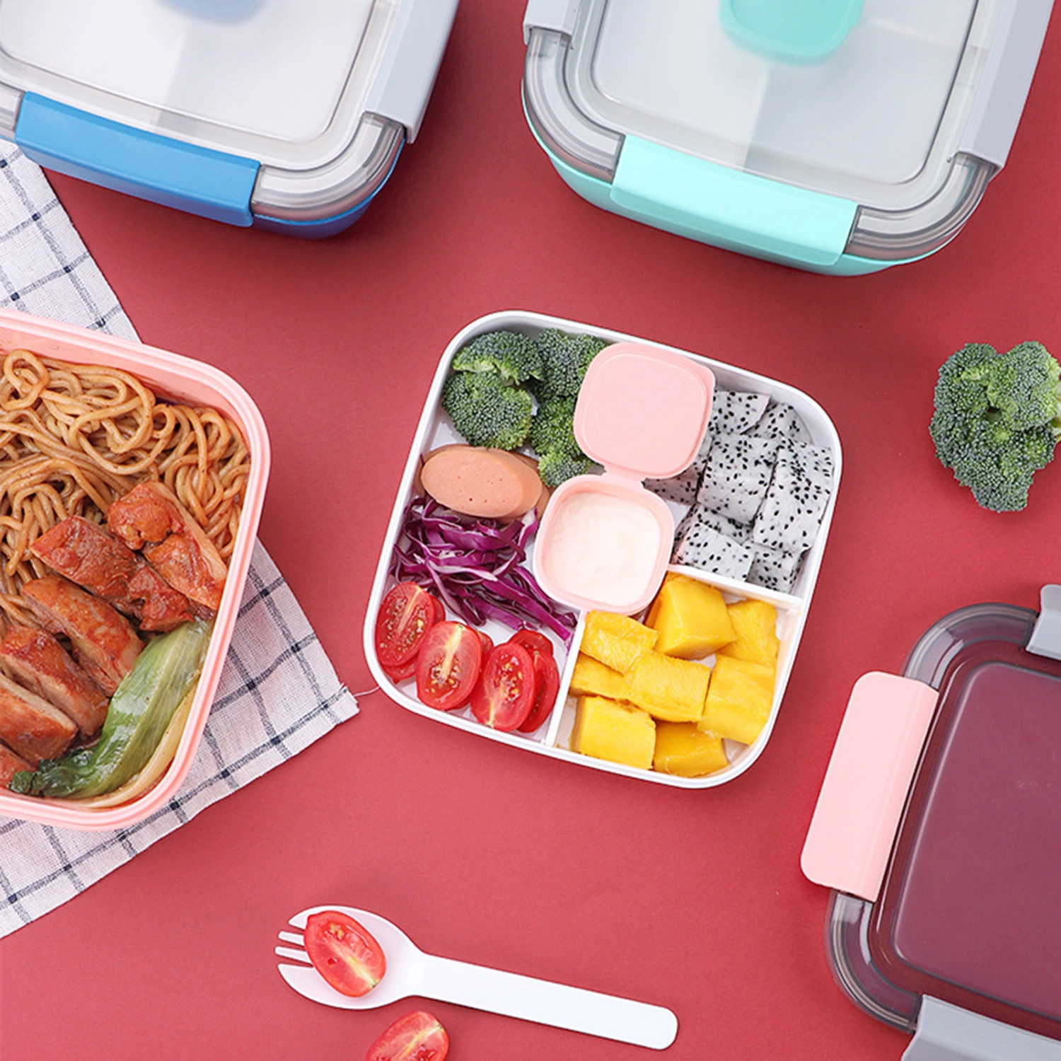 1.1/1.5L Lunch Box Large Capacity Easy to Clean Food Grade PP School Students Portable Bento Case with Sauce Bowl Daily Use