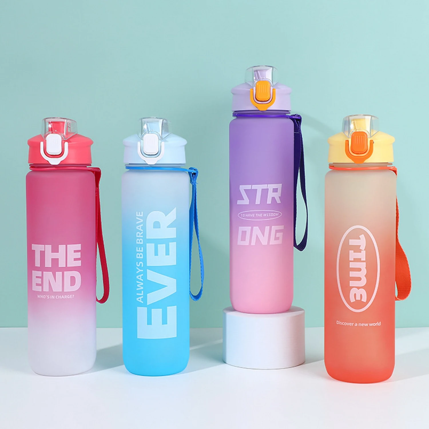 1000ml Water Bottle Bounce Cover Leakproof Clear Scale with Handle Gradient Color Outdoor Travel Gym Fitness Water Jar Sport Supply