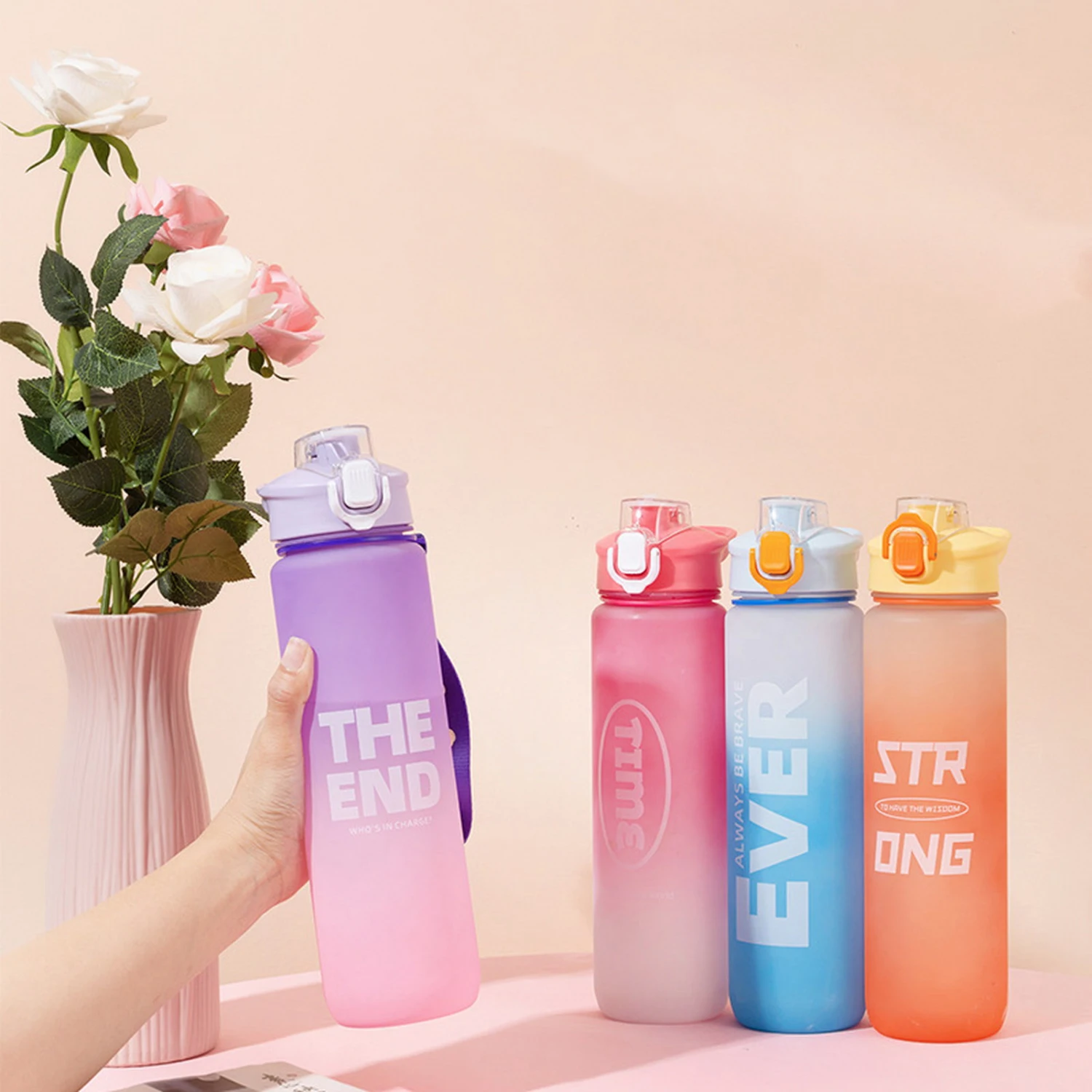 1000ml Water Bottle Bounce Cover Leakproof Clear Scale with Handle Gradient Color Outdoor Travel Gym Fitness Water Jar Sport Supply