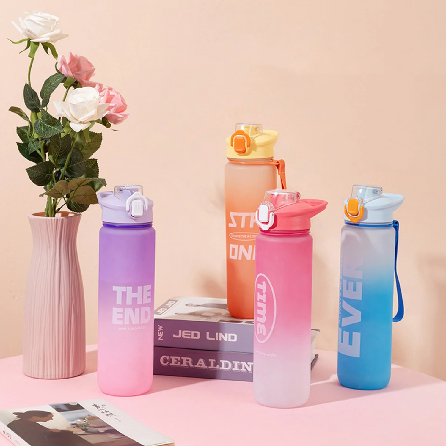 1000ml Water Bottle Bounce Cover Leakproof Clear Scale with Handle Gradient Color Outdoor Travel Gym Fitness Water Jar Sport Supply