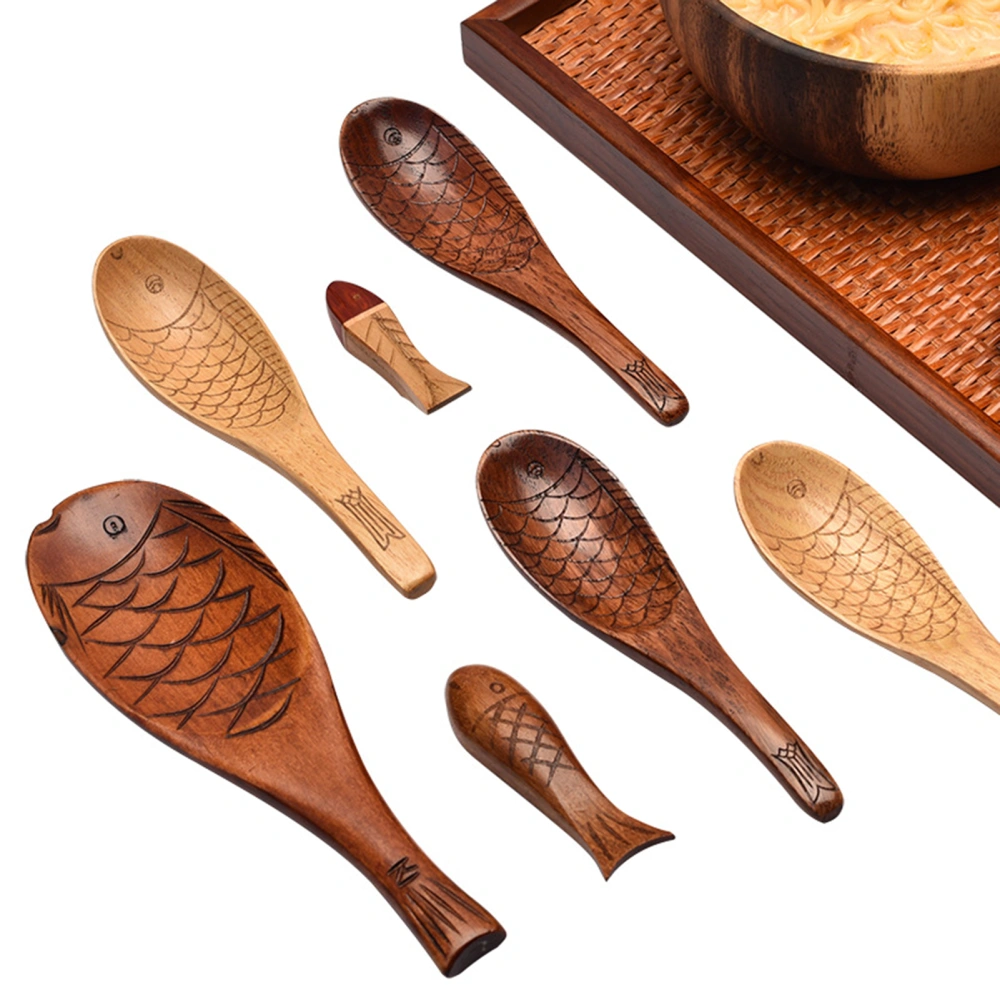 Japanese Style Short Handle Hand Carved Heat-Resistant Wooden Spoon Small Fish-shaped Wooden Rice Spoon Kitchen Tools