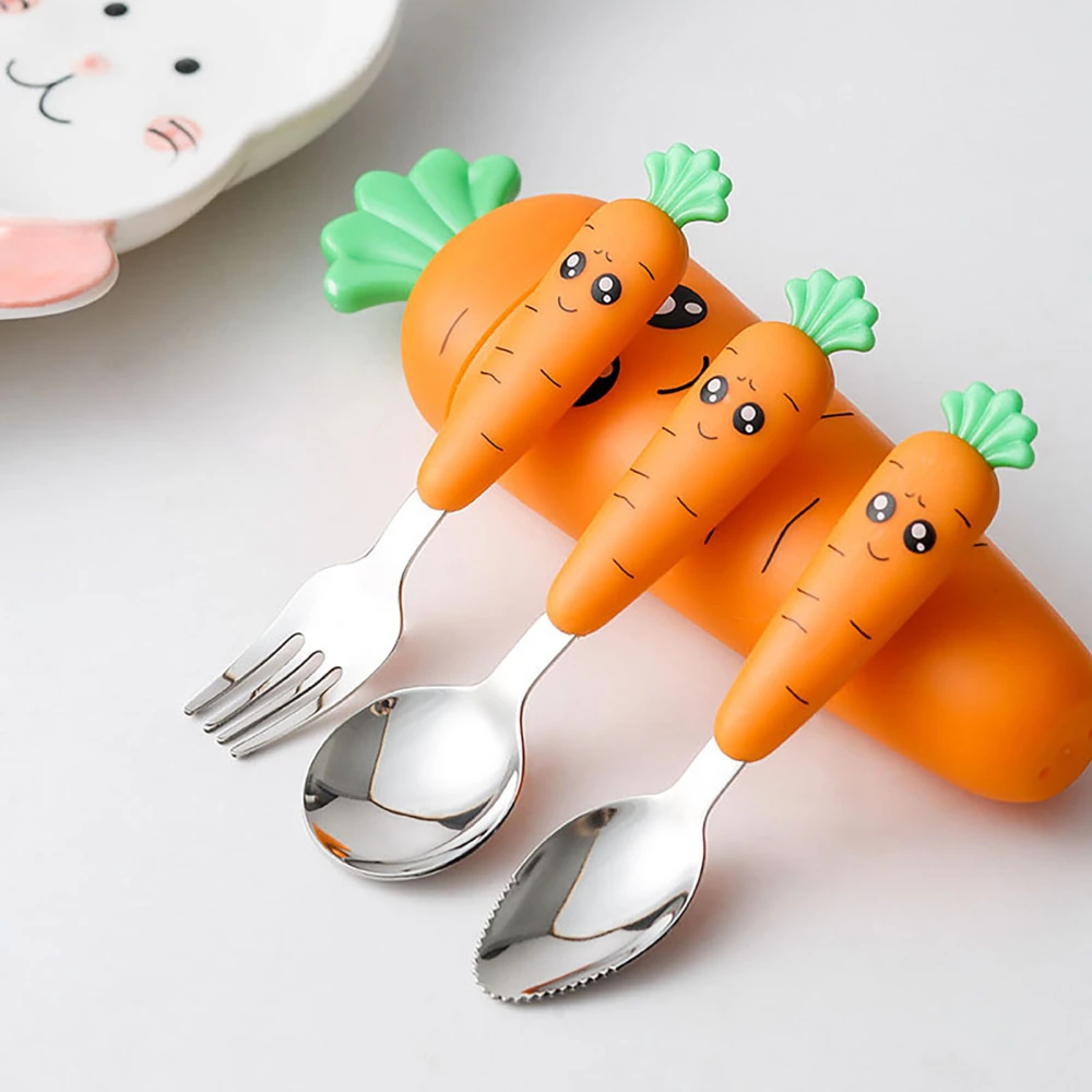 Children Cutlery Cartoon Fork Head Passivation Mirror Reflection Carrot Shape Spoon Fork for Kids