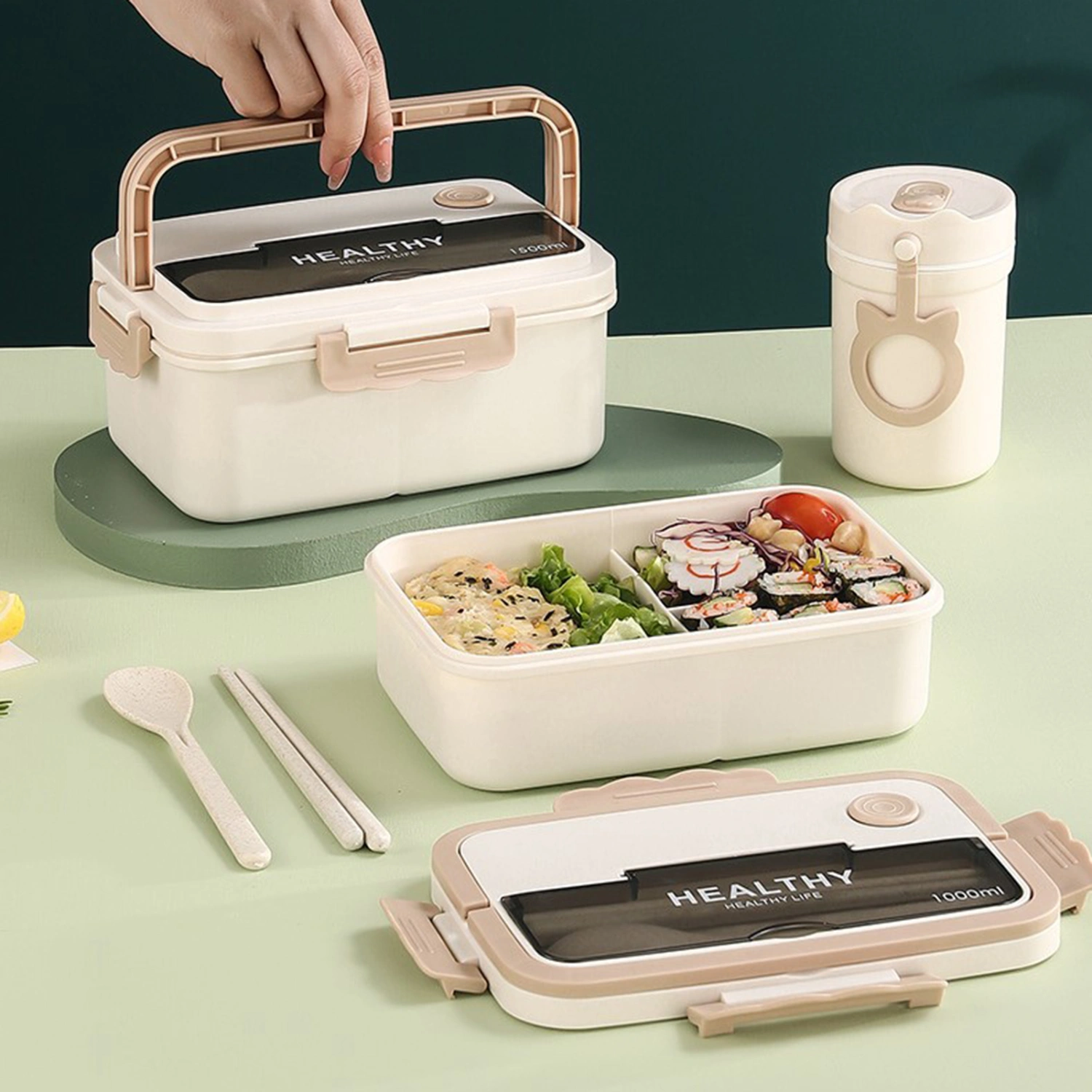 1 Set 1000/1500ML Lunch Box 3 Grids Hidden Handle Buckle Closure Dust-proof Lid Heat Resistant Leak-Proof Sealing Lunch Case Office Supply