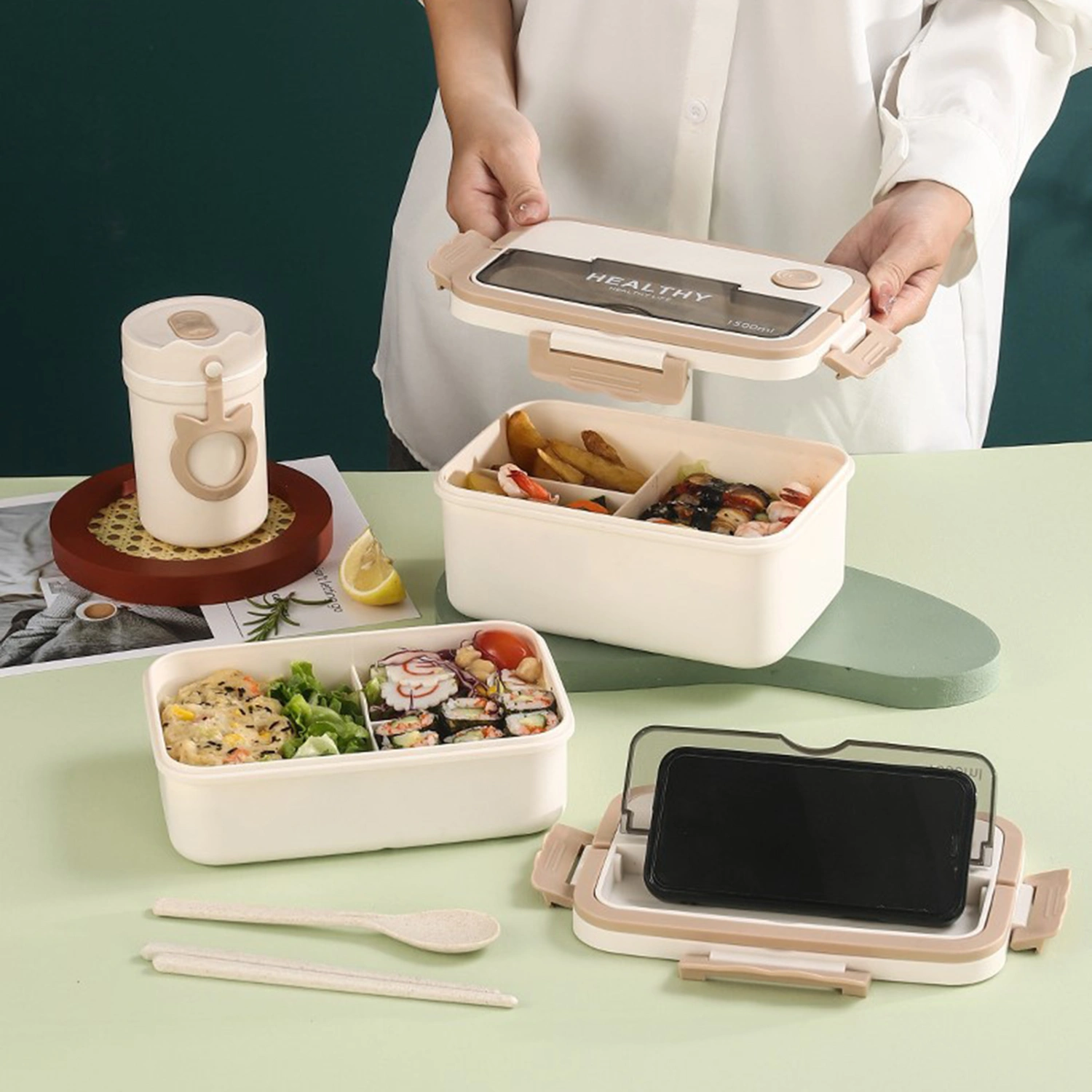 1 Set 1000/1500ML Lunch Box 3 Grids Hidden Handle Buckle Closure Dust-proof Lid Heat Resistant Leak-Proof Sealing Lunch Case Office Supply