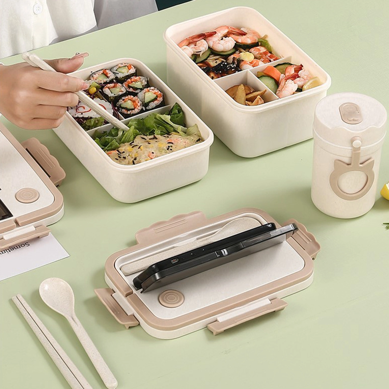 1 Set 1000/1500ML Lunch Box 3 Grids Hidden Handle Buckle Closure Dust-proof Lid Heat Resistant Leak-Proof Sealing Lunch Case Office Supply