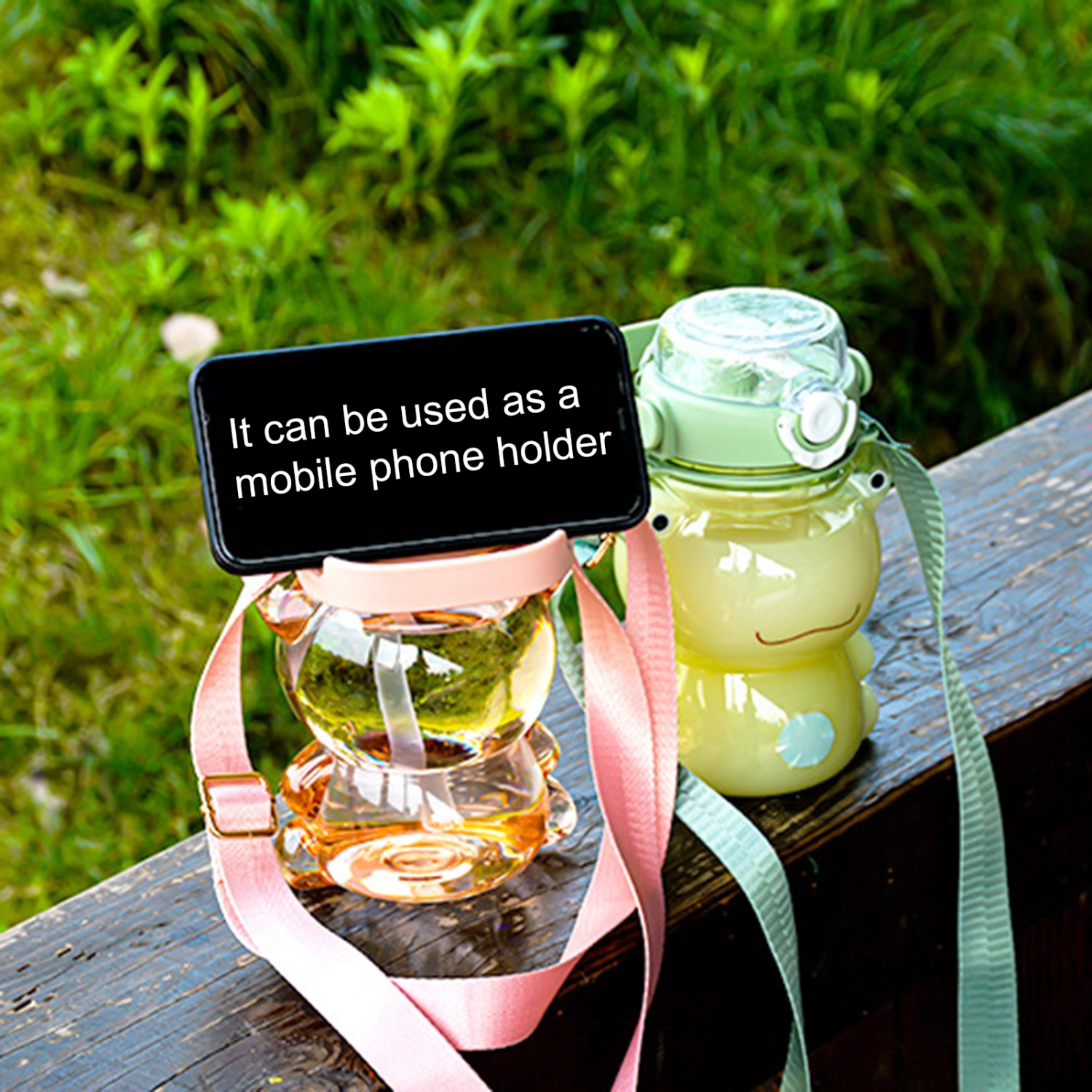 850ML Water Bottle Food Grade Large Capacity Cartoon Shape Adorable Leakproof Dust-proof Transparent Sports Straw Water Bottle with Strap for Kids