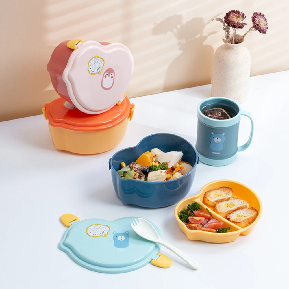 Bento Box with Spoon Double Layer Students Cartoon Pattern Students Lunch Container Daily Use