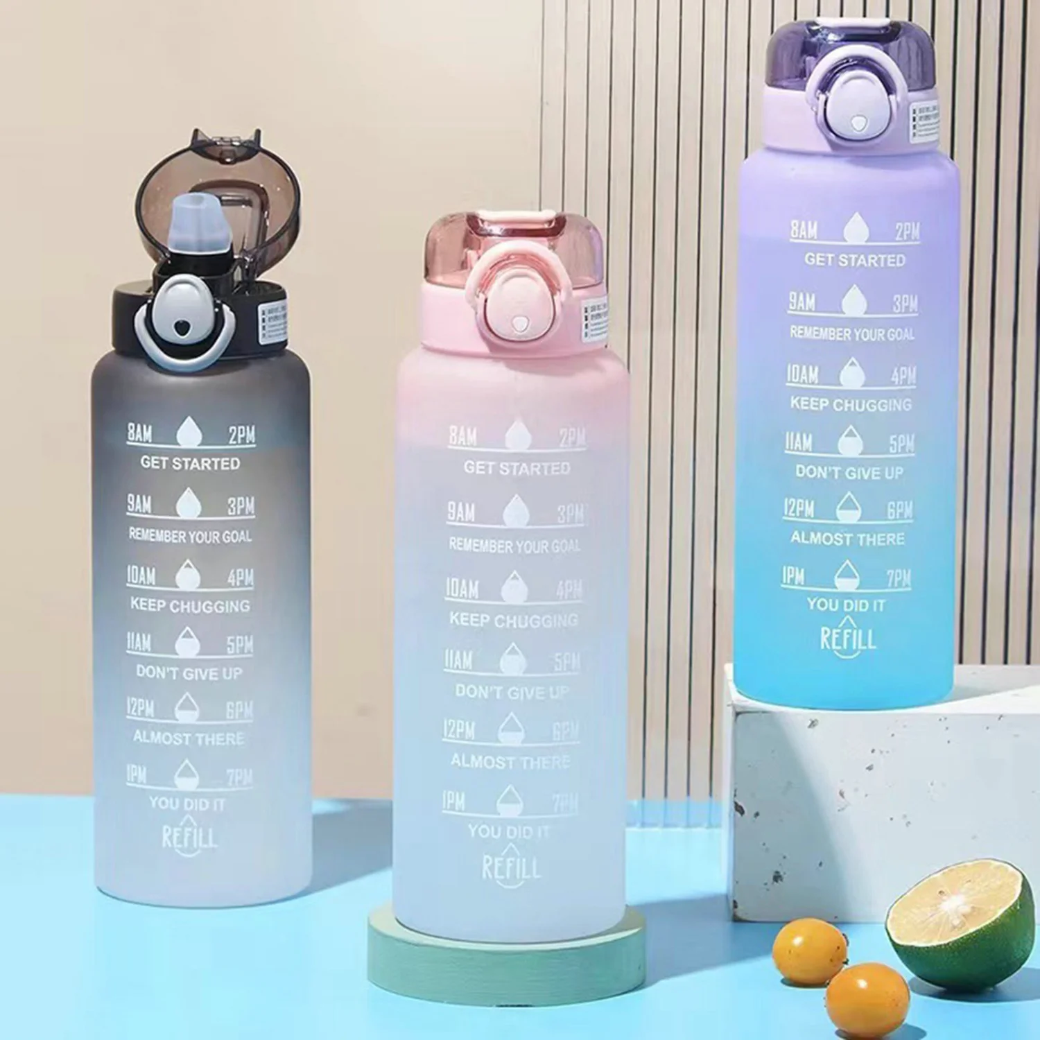 1000ml Drinking Bottle Time Scale Leakproof One Key Opening with Handle Gradient Color Gym Sports Water Bottle Outdoor Supply