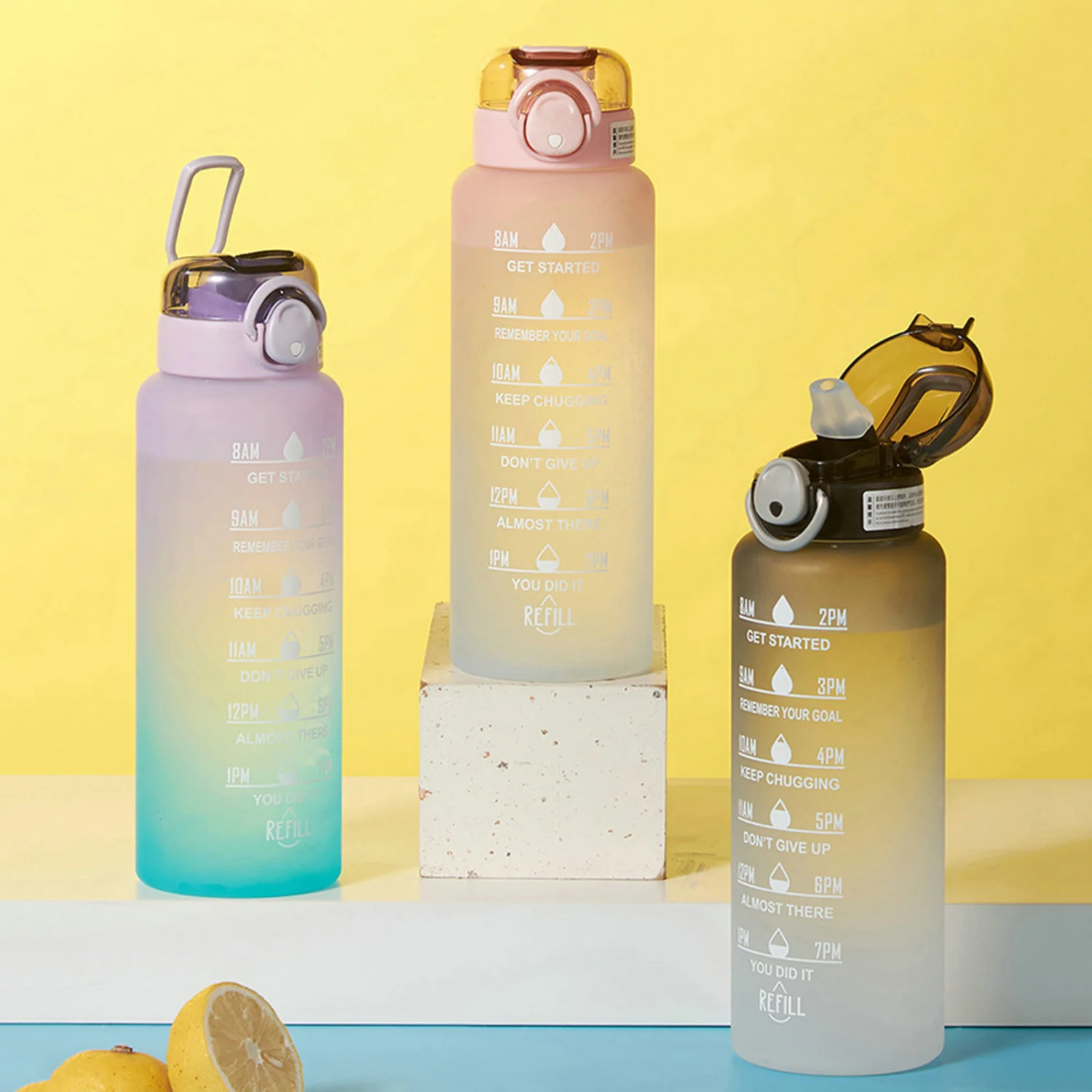 1000ml Drinking Bottle Time Scale Leakproof One Key Opening with Handle Gradient Color Gym Sports Water Bottle Outdoor Supply