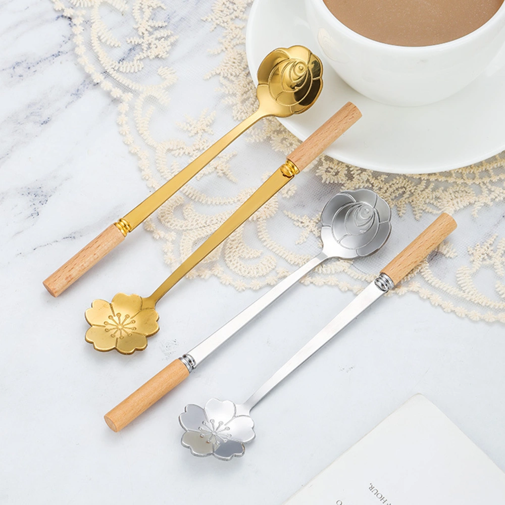 Mixing Spoon Long Handle Stainless Steel Cherry Blossom Rose Dessert Honey Tea Coffee Spoon Kitchen Supplies