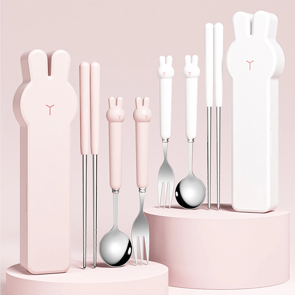 1 Set Spoon Cutlery Comfortable Grip Small And Exquisite Creative Portable Cartoon Rabbit Tableware Stainless Steel Spoon Fork Chopsticks Cutlery Set with Box Home Supply