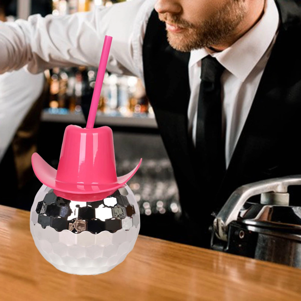 1 Set 600ml Straw Cup with Lid Ball Shape Leak-proof Creative Flash Disco Cowboy Hat Wine Glasses Cup Bar Supplies