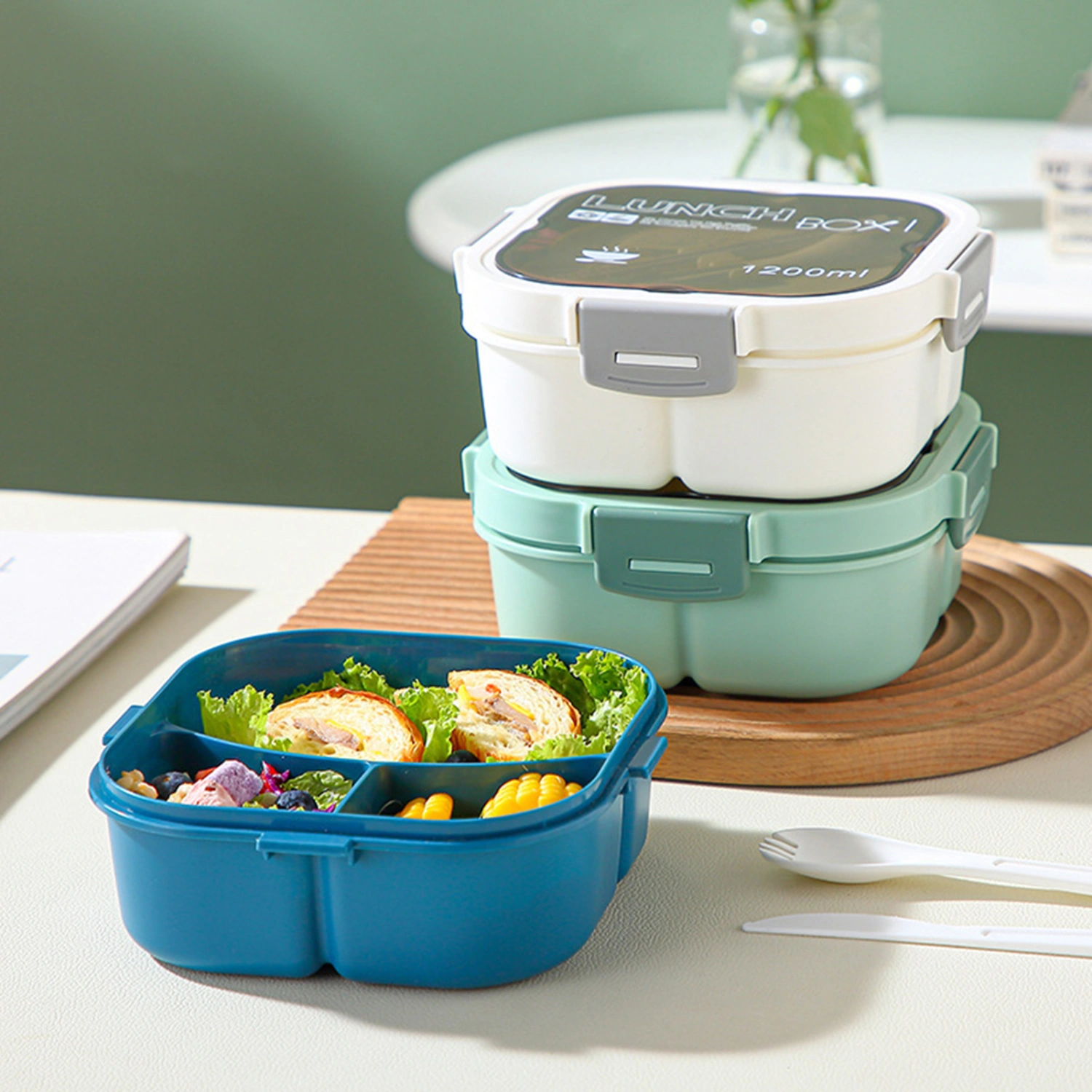Student Bento Box Thick Material Partition High Capacity Anti-leak Three Compartments Food Storage Leakproof Micro Heated Students Bento Box for Office Lady