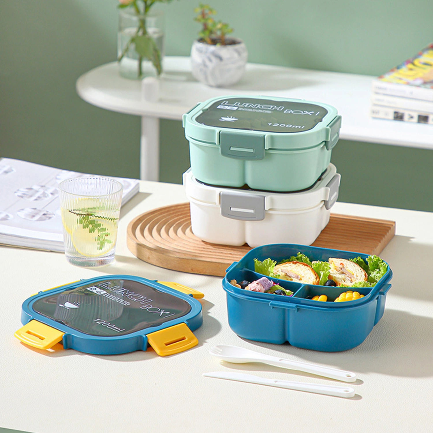 Student Bento Box Thick Material Partition High Capacity Anti-leak Three Compartments Food Storage Leakproof Micro Heated Students Bento Box for Office Lady