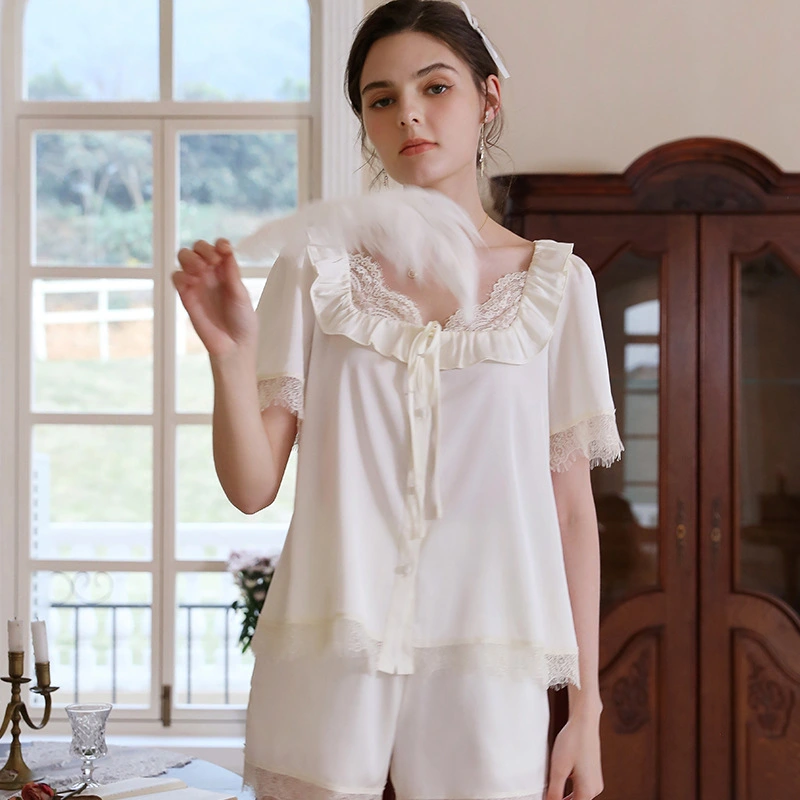 Women's Fashion Simple Ice Silk Short-sleeved Lace Two-piece