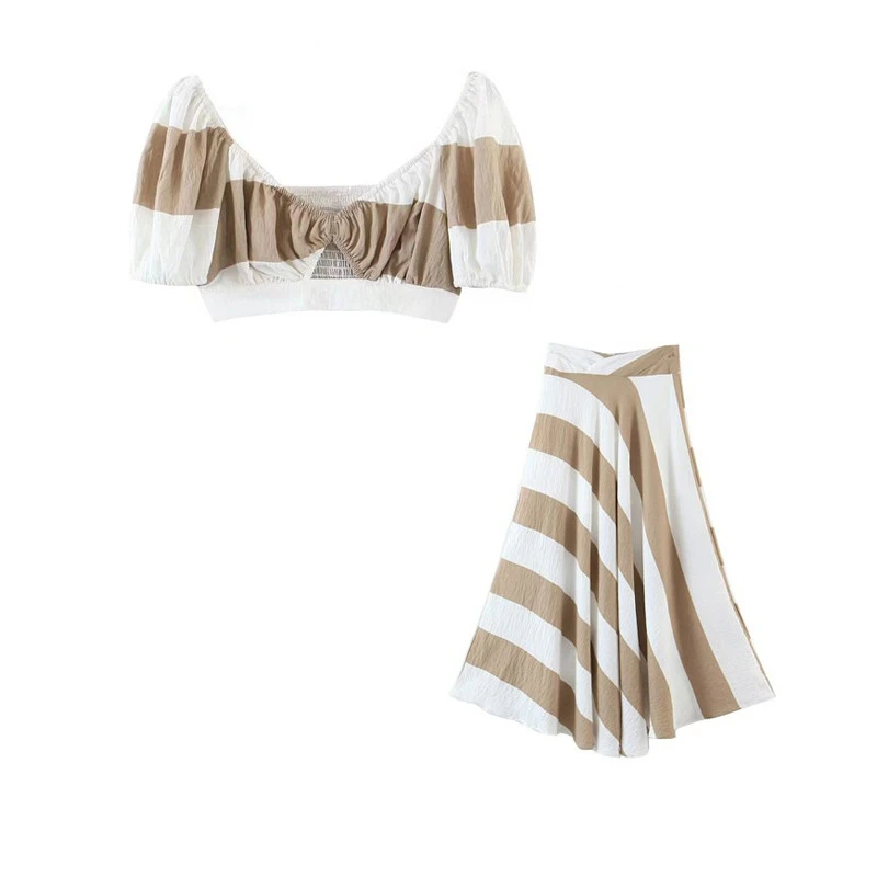 Women's Striped Cropped Short Sleeve Top Set