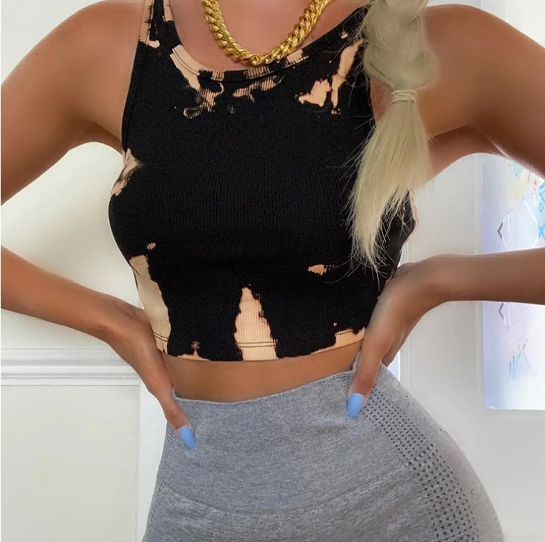 Women's Tie-dye Printed Thread High Elastic Slim Sports Vest Midriff-baring Top